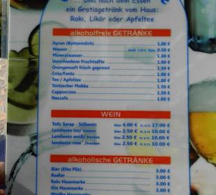 Getränkekarte der Oase