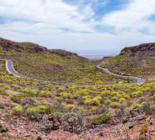 Blick von den Bergen auf den Strand von Maspalomas
