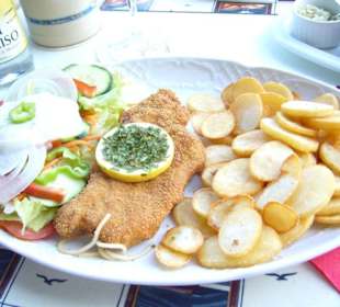 Leckeres Schnitzel mit salat geheimsoße und dollar