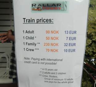 Preisliste des Bähnleins