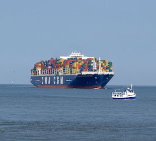 Das kleine Rundfahrtschiff vor Container-Riesen