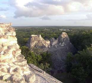 Blick von der Pyramide über Becan und den Urwald