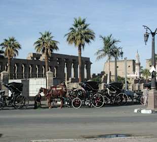 Luxor Tempel mit auf Fahrgäste wartenden Kutschen