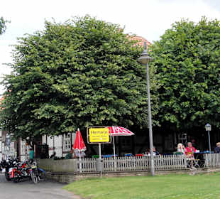 Blick von der Weser auf den Biergarten