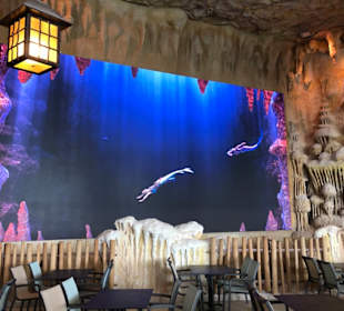 Sitzplätze zzum essen mit animierter Leinwand