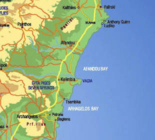 Map of Rhodes and Kavourakia Bay