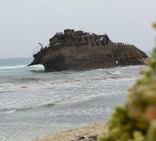 Auf ein Riff gelaufenes Schiff im Norden der Insel