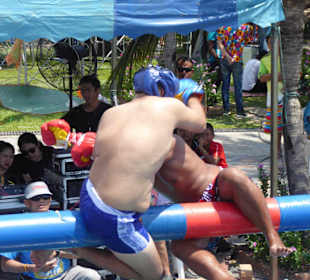 Schaukämpfe auf einem Rundholz