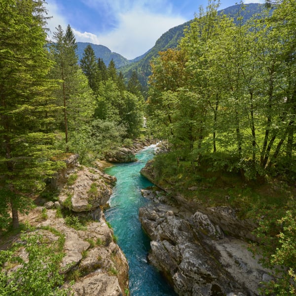 Luftaufnahme des Fluss Soca in Slowenien © iStock.com/Uwe Moser