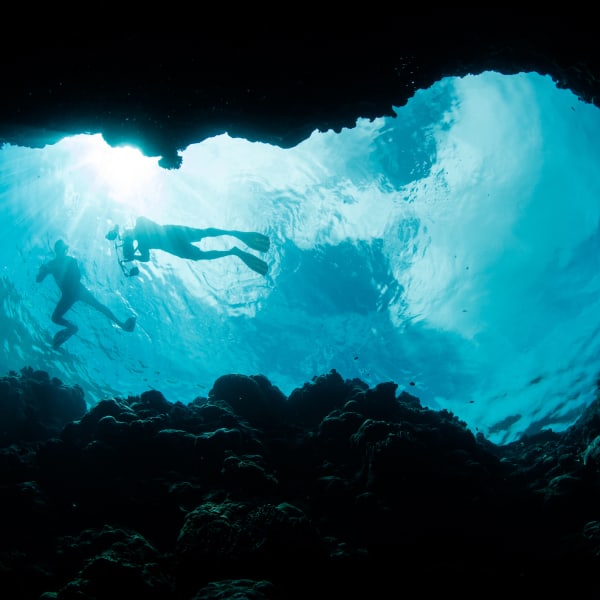 Schnorchler schweben über einem blauen Loch in der Republik Palau © iStock.com/Velvetfish