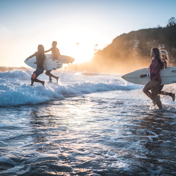 Vier Freunde laufen früh morgens mit Surfbrettern in der Hand ins Wasser © iStock.com/AzmanL