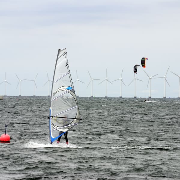 Windsurfer und Kitesurfer im Meer mit Windturbinen im Hintergrund © iStock.com/monap