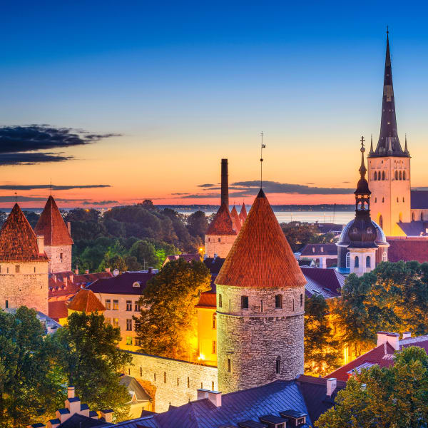 Man sieht über die Dächer einer Stadt mit zahlreichen mittelalterlichen Wehrtürmen und Kirchtürmen.