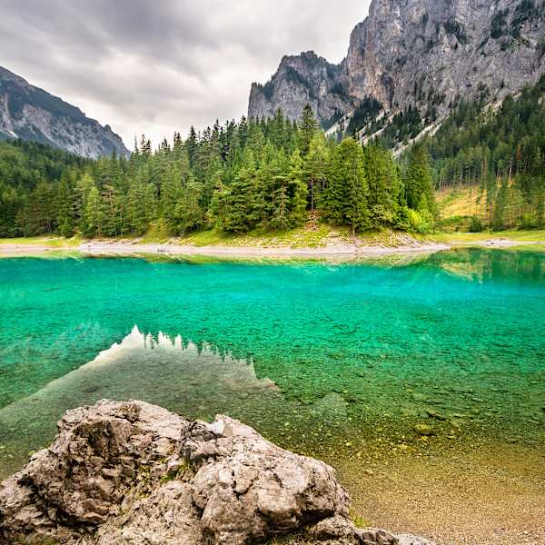 Berge und Pinienbäume am See in der Steiermark, Österreich. © Péter Hegedűs via Getty Images