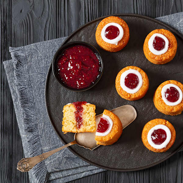 Ein Teller mit einem Gebäck mit Marmelade