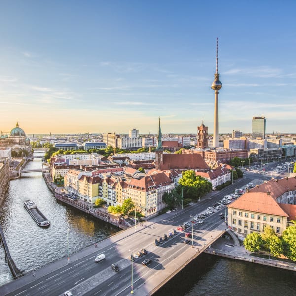 Berlin skyline with Spree river at sunset, Germany