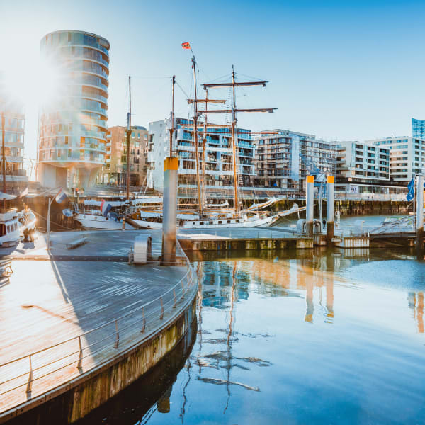 View of the port of Hafencity on a sunny day, Hamburg, Germany