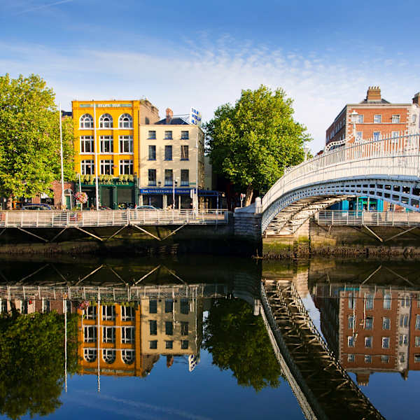 rReflections of bridge and buildings