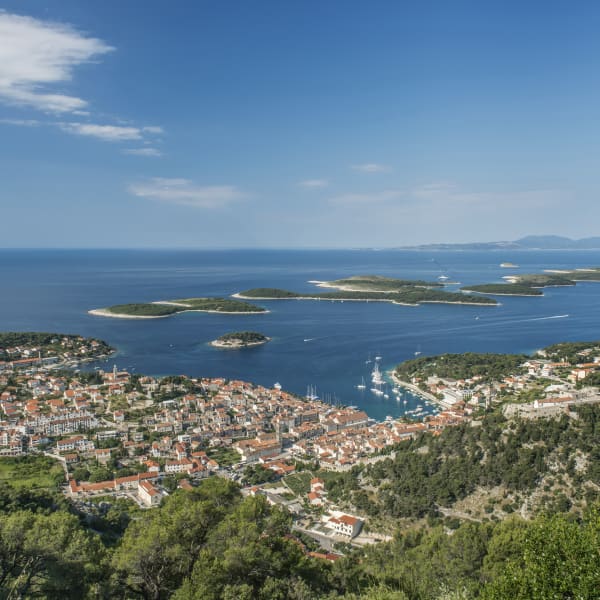 Aerial view of coastal town and hillside, Hvar, Split, Croatia