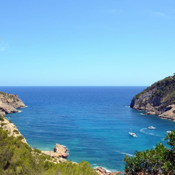 Aussicht auf den Strand von Cala Llonga auf Ibiza