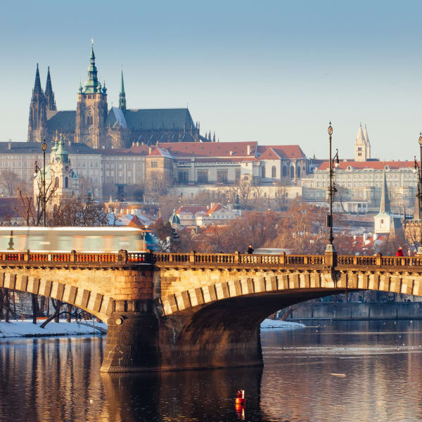 View on Prague castle and bridge, wintertime